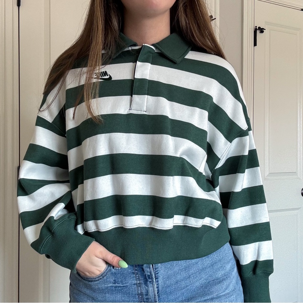 Nike Green and White Striped Sweatshirt